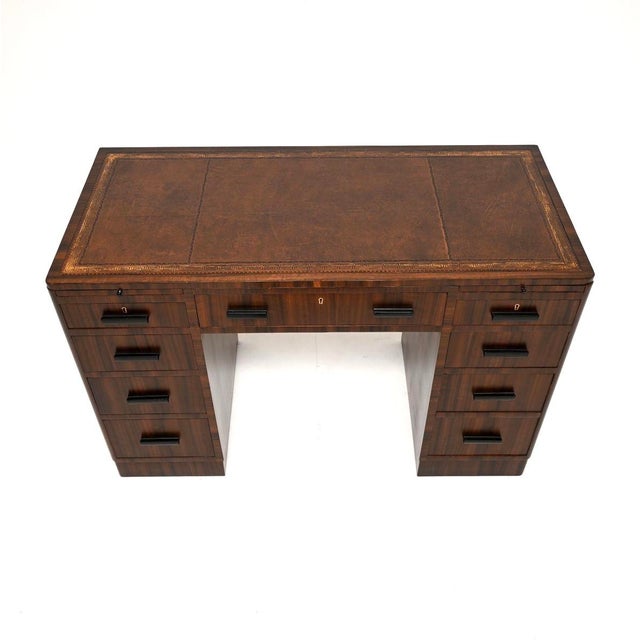 Wood Art Deco Figured Walnut Pedestal Desk with Leather Top, 1930 For Sale - Image 7 of 11