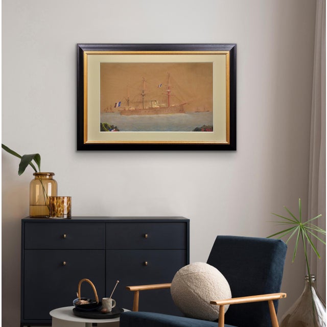 French Navy Ironclad Warship, Early 20th Century, Gouache & Watercolor on Paper For Sale - Image 15 of 18