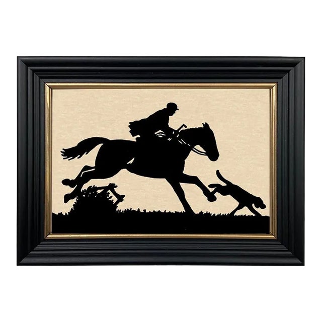 Huntsman and Hound Equestrian Framed Paper Cut Silhouette in Black Wood Frame With Gold Trim For Sale