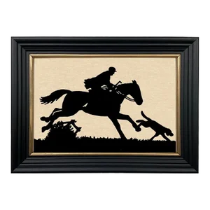 Huntsman and Hound Equestrian Framed Paper Cut Silhouette in Black Wood Frame With Gold Trim