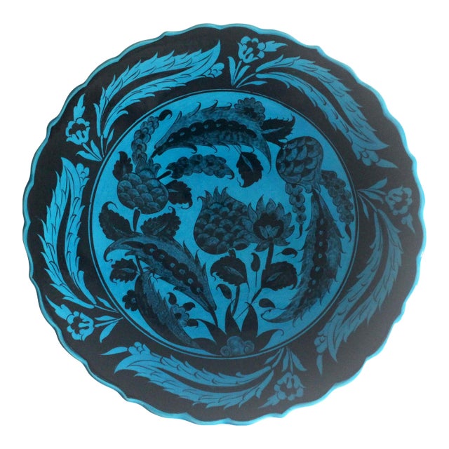 Vintage Turkish Ceramic Wall Plate, Signed by Artist, Hand Painted Boho Decor, Styling Pomegranate Floral Deep Blue Teal Black For Sale