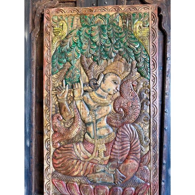 Fluting Krishna Carved Wood Wall Art – Vintage Indian Door Panel Decor 83x36 For Sale In Orlando - Image 6 of 8