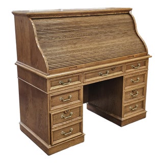 Mid Century American Solid Oak S Roll Top Front Desk For Sale