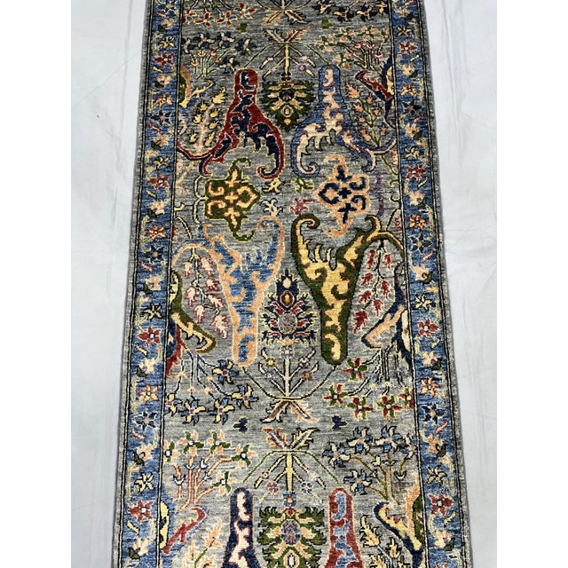 Gray & Blue Chobi Wool Runner Rug, Persian Bijar Floral Design, 2′7″ × 9′8″ For Sale - Image 4 of 15