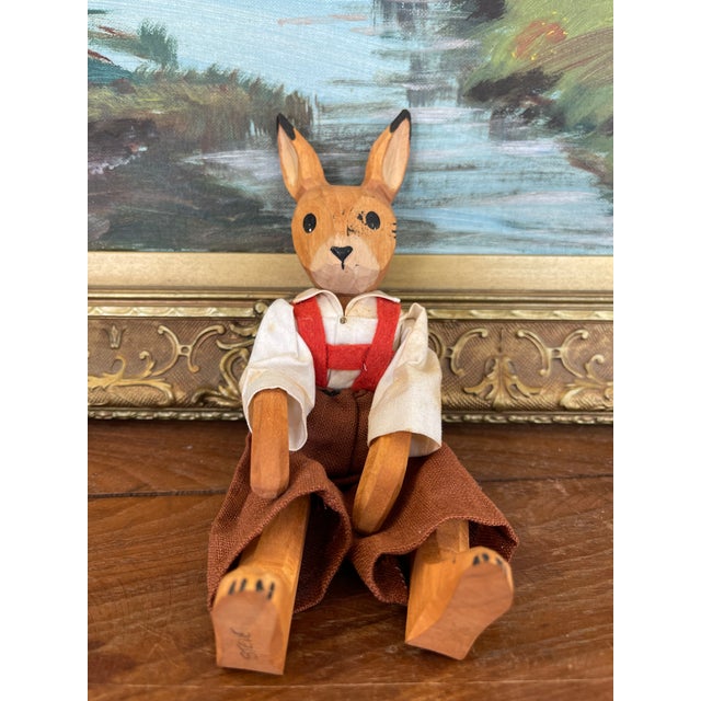Wood Vintage Hand-Carved Wooden Rabbit Doll With Articulated Limbs and Handmade Clothing. For Sale - Image 7 of 10