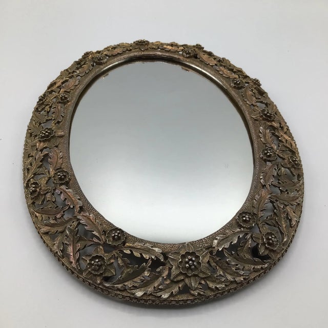 Art Nouveau French Art Nouveau Gold Gilt Brass Oval Dresser/Vanity Mirror With Floral Design For Sale - Image 3 of 12