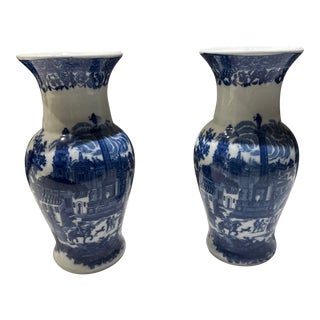 A Pair of Vintage Porcelain Blue and White Vases For Sale