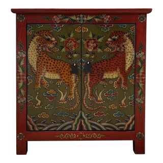 Tibetan Oriental Brick Red Double Jaguars End Table Nightstand For Sale