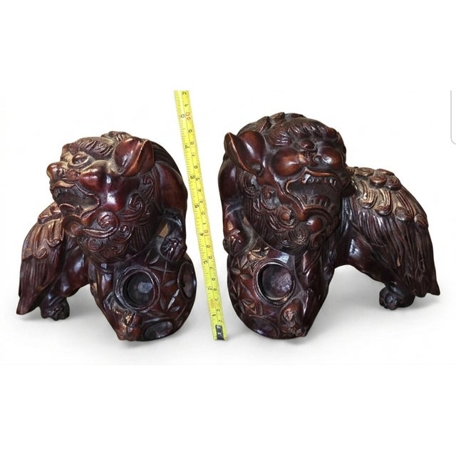Mid 20th Century Mid 20th Century Pair of Chinese Carved Hardwood Foo Dogs For Sale - Image 5 of 5
