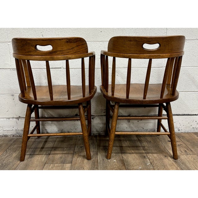 Wood Antique Barrel Back Oak Pub Chairs Captain’s Chairs - Pair For Sale - Image 7 of 11