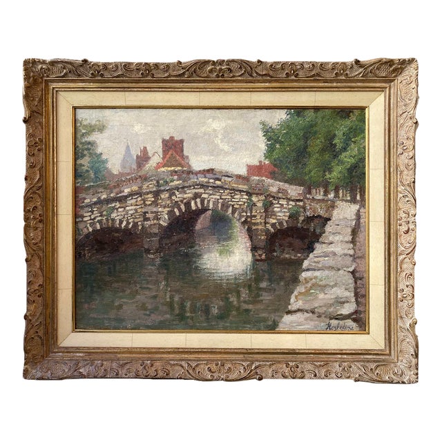 Antique Oil Painting of Stone Bridge in Bruges, Alfred Hazledine, Dated 1897 For Sale