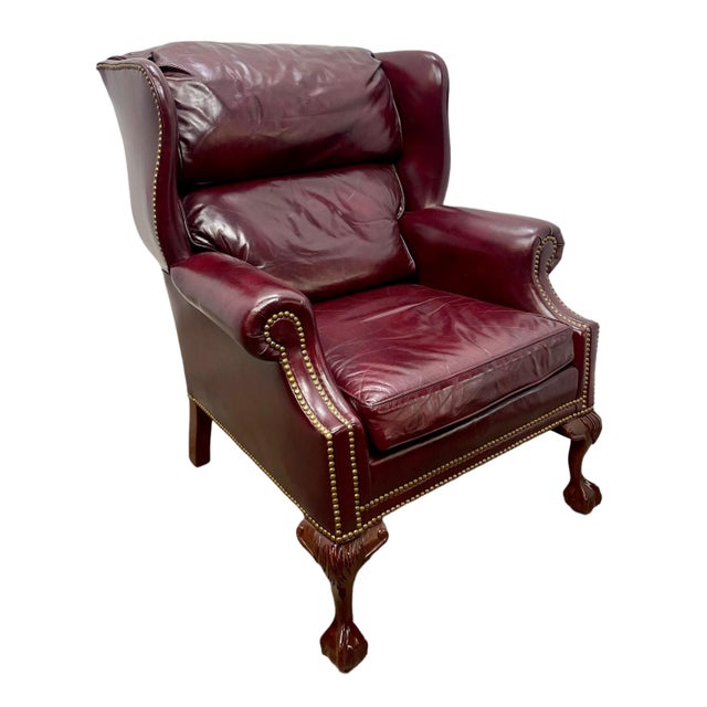 Vintage Hancock Moore Chippendale Style Oxblood Leather Wingback