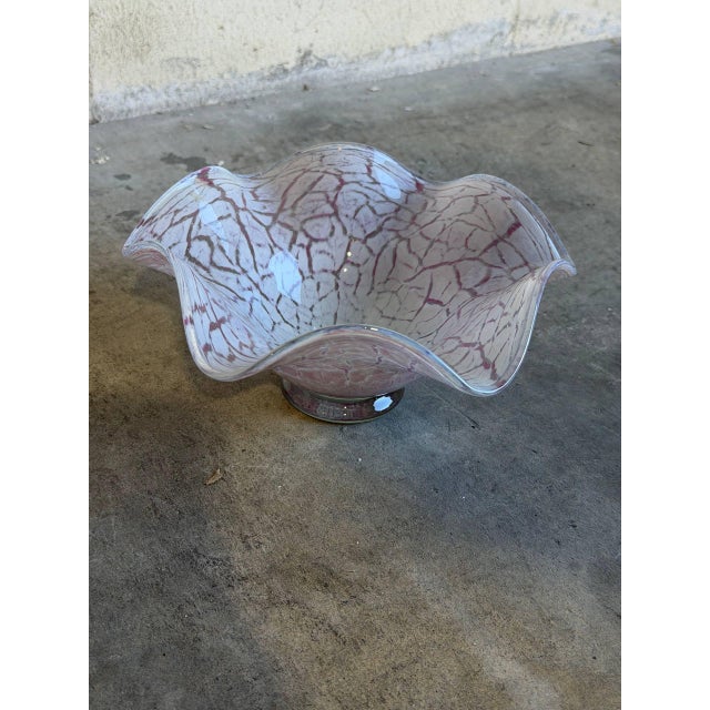 Mid-Century Modern Ruffled Art Glass Centerpiece Bowl Pink and White Mottled Murano Style 1970s For Sale - Image 3 of 10