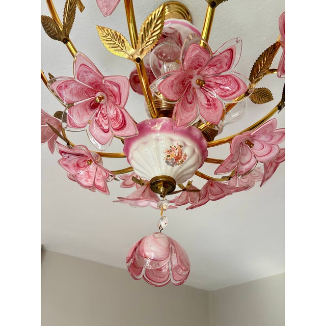 1980s Italian Pink Murano Style Glass Floral Chandelier – Hand-Painted Porcelain & Brass Ceiling Light For Sale - Image 11 of 18