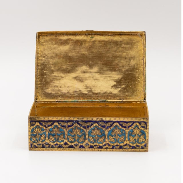 Persian 1900s Gilt Brass and Blue Enamel Cigarette Box With Floral and Geometric Decoration For Sale - Image 3 of 6