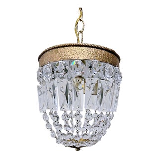 Vintage Brass Crystal Basket Chandelier With Ornate Floral Detailing Frame For Sale