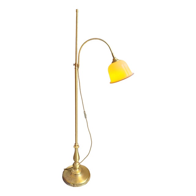 Vintage Floor Lamp with Adjustable Brass Frame and Beige Fabric Shade, 1980s For Sale