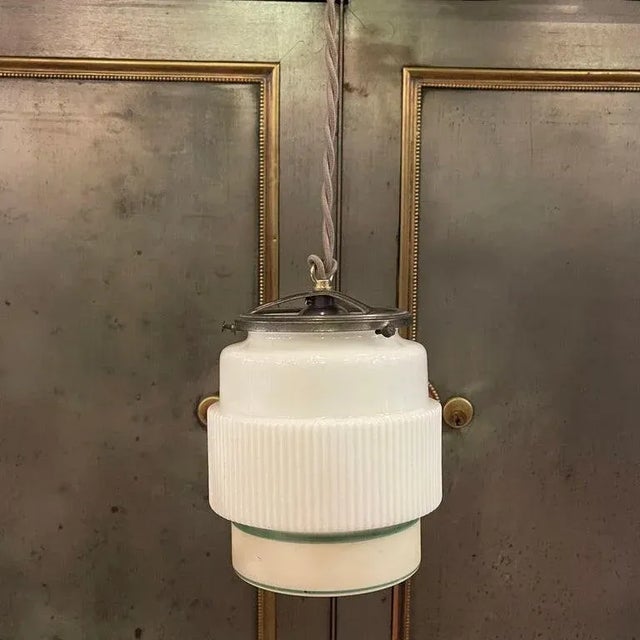 1930s Art Deco Milk Glass Layer Cake Pendant Light For Sale - Image 4 of 9