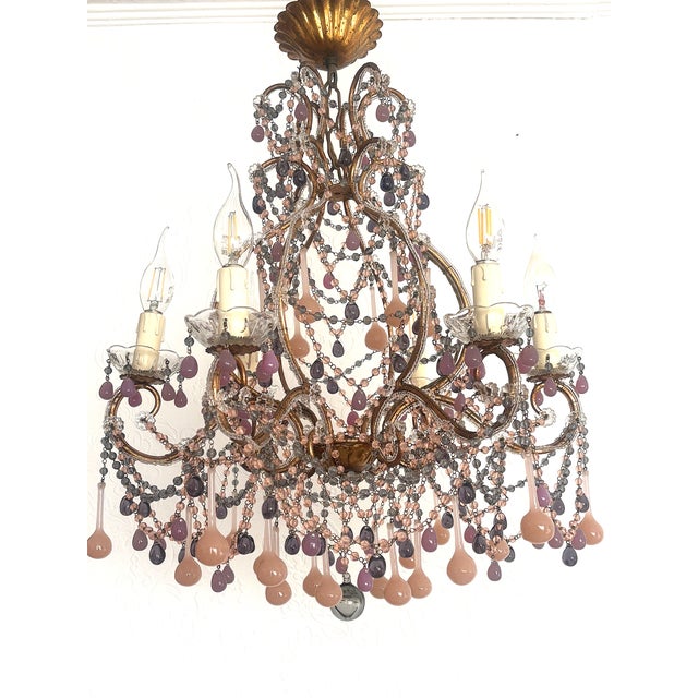 Vintage Gilded Metal Murano Glass Drop Chandelier, 1940s For Sale - Image 13 of 18