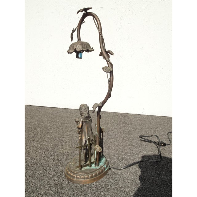 Vintage French Country Cast Bronze Figural Table Lamp W a Child and Kitten For Sale In Los Angeles - Image 6 of 14