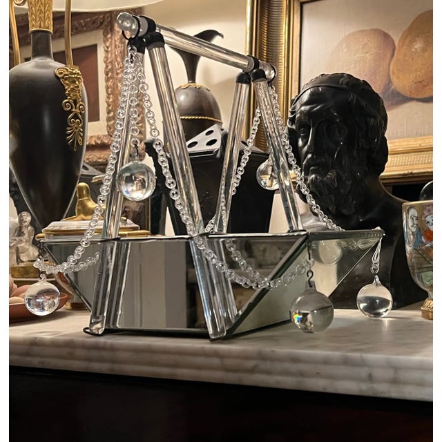 Antique Art Deco crystal orchid pot. Boat shaped with glass rod handle. Hanging with glass link chains and crystal ball...