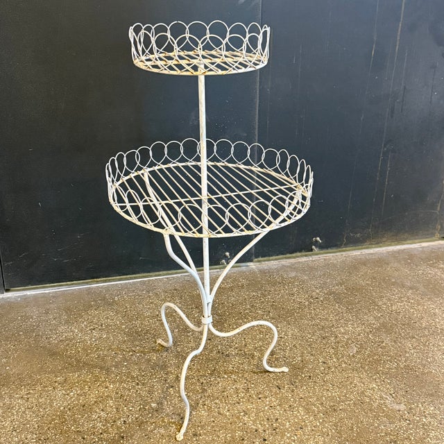 Shabby Chic Antique White Wrought Iron Two Tiered Decorative Garden Plant Stand For Sale - Image 3 of 6