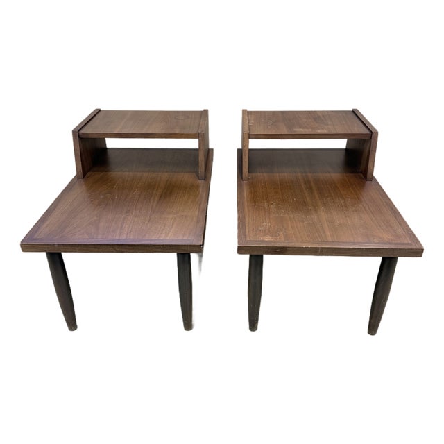 Pair of Vintage Mid-Century Modern Walnut Step Side Tables With Magazine Shelves For Sale