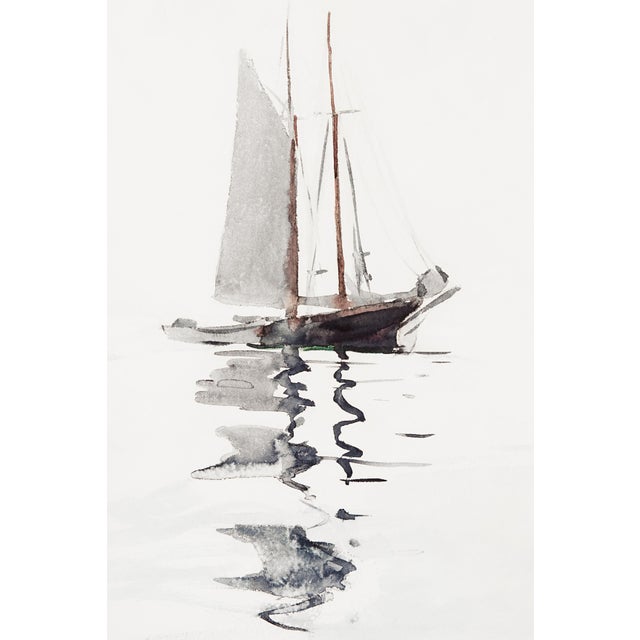 A minimalist maritime composition depicting a schooner sailboat with a small dory resting in calm water, originally...