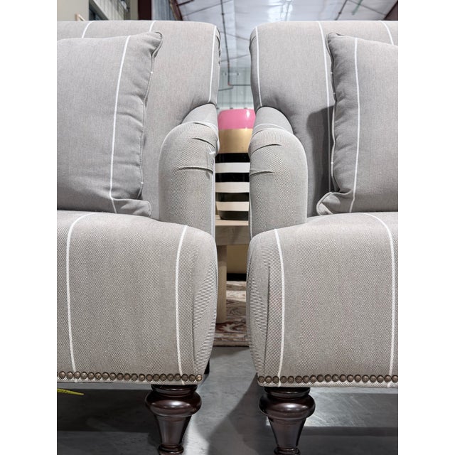 Bassett Furniture Late 20th Century Pair of Bassett Neutral Pinstripe Linen Nailhead Accent Chairs With Casters For Sale - Image 4 of 11