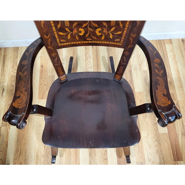 Antique Dutch 19th C Carved & Marquetry Inlaid Rocking Chair + Needlepoint Pillow For Sale - Image 12 of 18