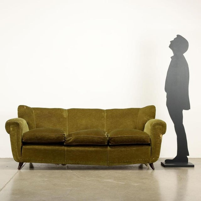 3 seater sofa, spring padding, feather cushions, velvet upholstery. Fair condition, to be restored. This piece is...