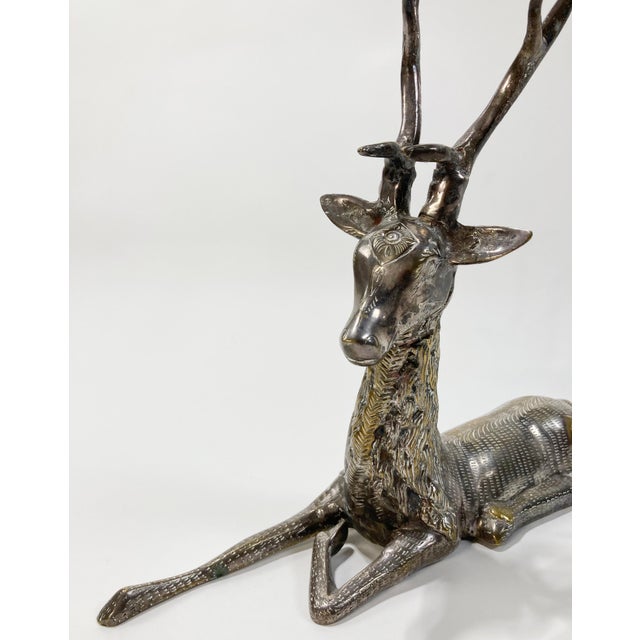 Large Vintage Etched Silver Plate Seated Deer For Sale - Image 4 of 8