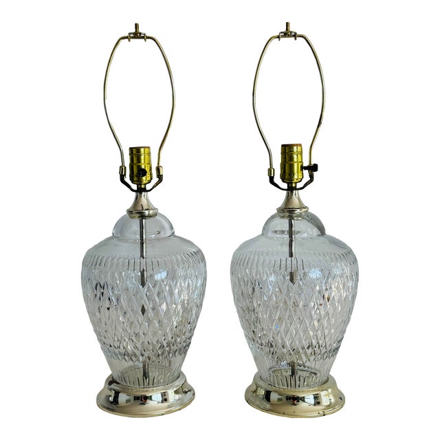 Vintage 1970s Diamond Pattern Lead Crystal Table Lamps, a Pair For Sale