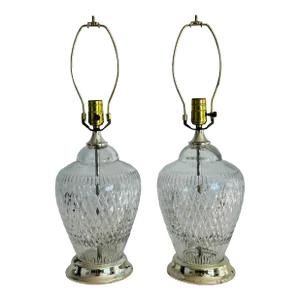 Vintage 1970s Diamond Pattern Lead Crystal Table Lamps, a Pair
