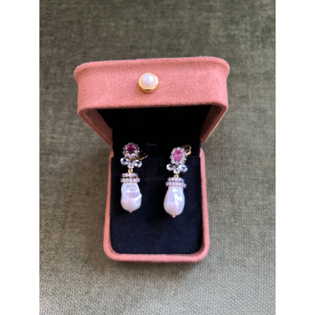 Bochic "Orient" Vintage Ruby, Topaz & White Pearls Earrings Set 18K Gold & Silver Natural Ruby - 2 carat Natural White...