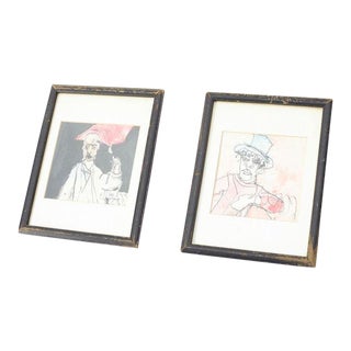 Framed Pen and Ink Original Drawings - a Pair For Sale