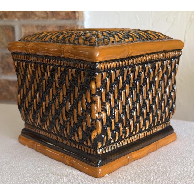 Boho Chic Ceramic Rattan Look Tissue Box Cover For Sale - Image 3 of 10