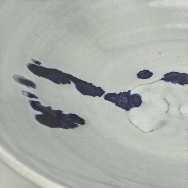 Celadon Vintage Studio Pottery Serving Bowl Celadon Cobalt Abstract Signed 13 For Sale - Image 8 of 11