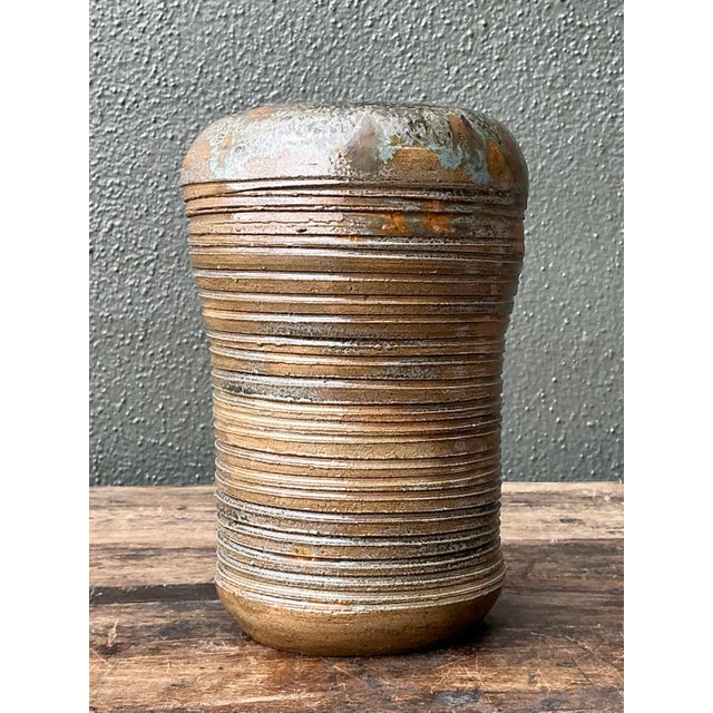 Mid-Century Modern Vintage Original Studio Pottery Ribbed Vase For Sale - Image 3 of 12