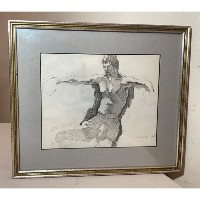 1970s Vintage 1974 Original S Stirling Stylized Pencil Boxer Boxing Drawing Sketch For Sale - Image 5 of 10