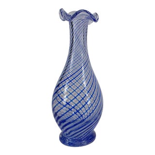 Late 20th Century Turkish Pasabahce Blue Spiral Pattern Ruffle Top Vase For Sale