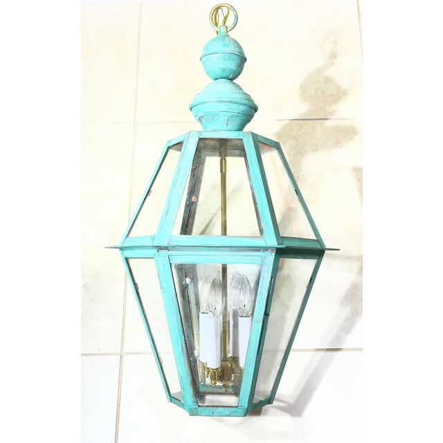 Turquoise Large Single Solid Copper Hanging Lantern. 27” X 16” For Sale - Image 8 of 15