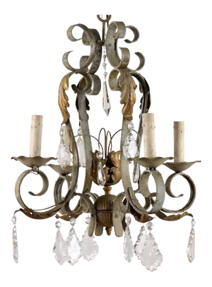 Mid 20th Century French Crystal and Iron Four-Light Chandelier