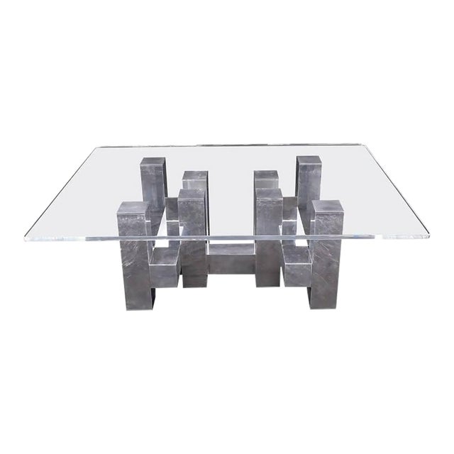 1960s Cityscape Aluminum Base Glass Rectangle Top Rounded Corners Coffee Table For Sale