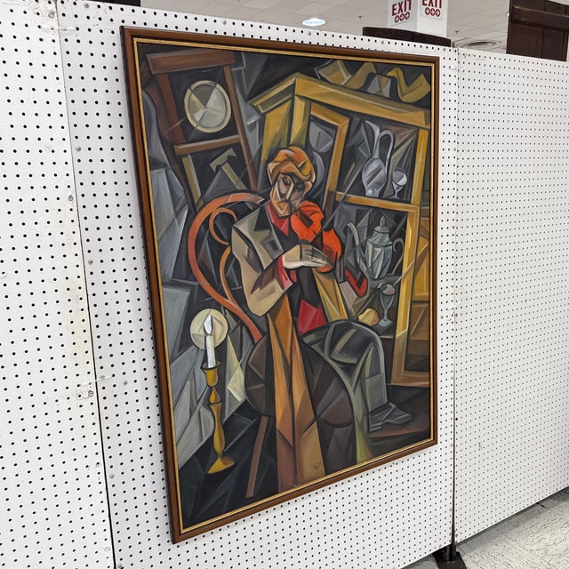 Large Vintage Cubist Expressionist Oil Painting Signed For Sale - Image 10 of 10