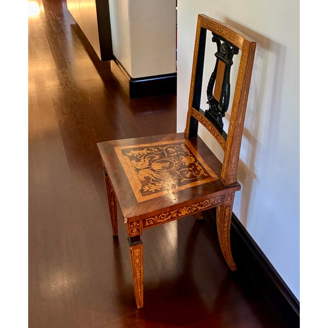 Traditional Fine Inlaid Marquetry Lyre-Back Side Chair, France, C. 1900 For Sale - Image 3 of 11
