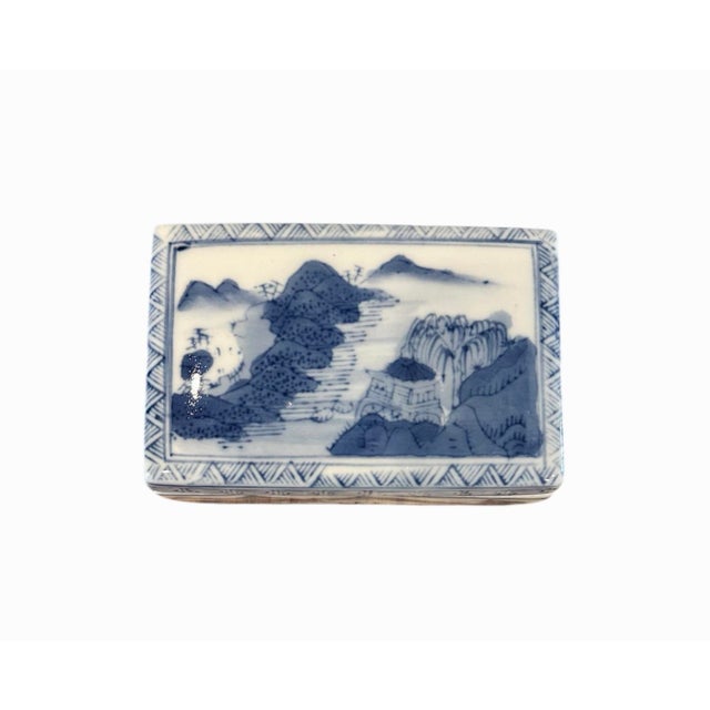 Vintage Blue & White Asian Chinoiserie Scenic Lidded Ceramic Box For Sale In Dallas - Image 6 of 8