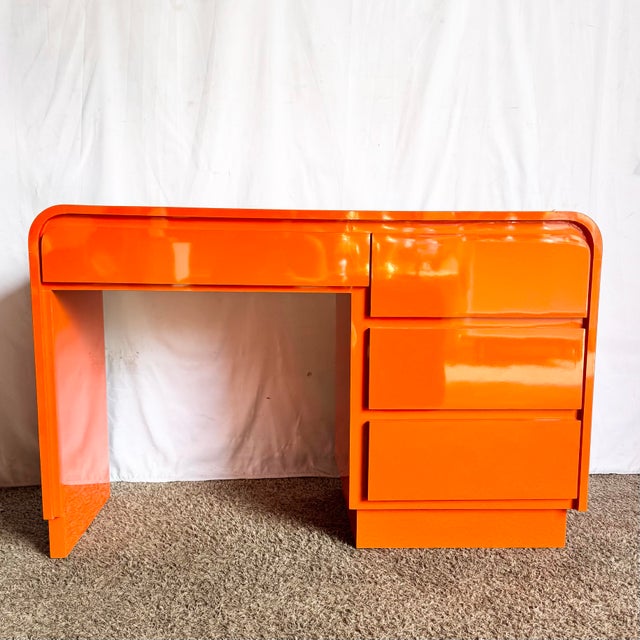 Postmodern Postmodern Tangerine Orange Lacquer Laminate Waterfall Desk For Sale - Image 3 of 10