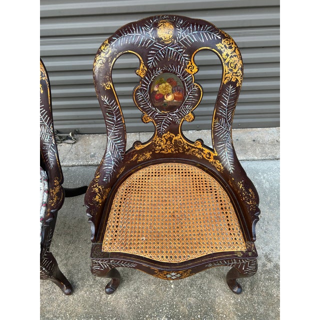 Pair of Mid Victorian Mother of Pearl Inlaid Papier Mâché Gilt Decor Set of Chairs For Sale - Image 12 of 12