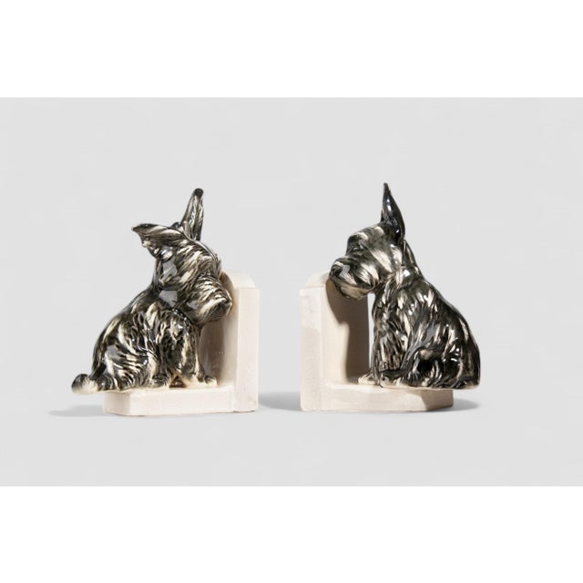 Art Deco Pair of Early 20th Century French Art Déco Painted Ceramic Bookends Shaped Scotch Terrier Dogs For Sale - Image 3 of 8